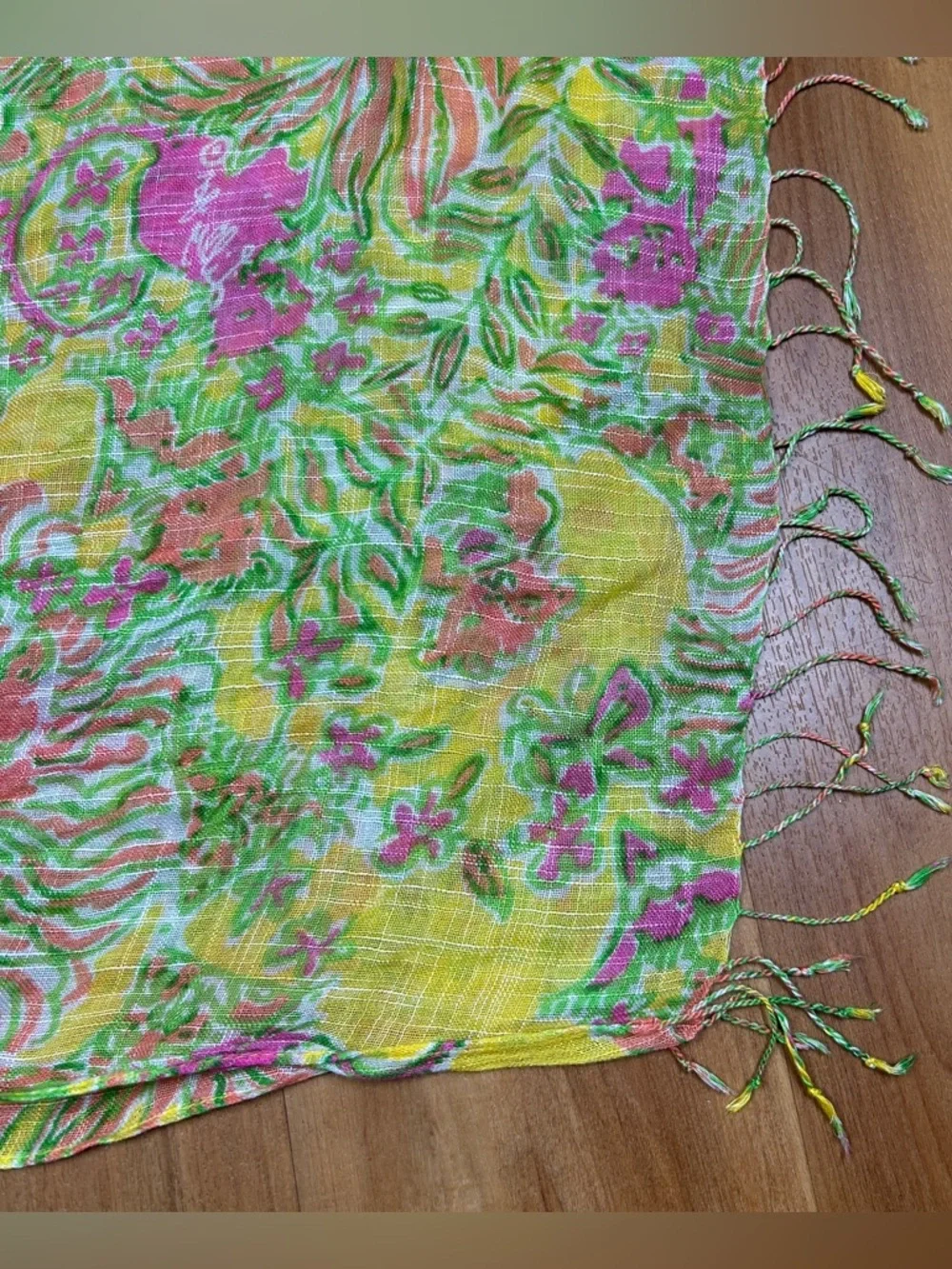 Lilly Pulitzer‎ Floral Scarf Yellow Pink Green Fringe Lightweight Wrap